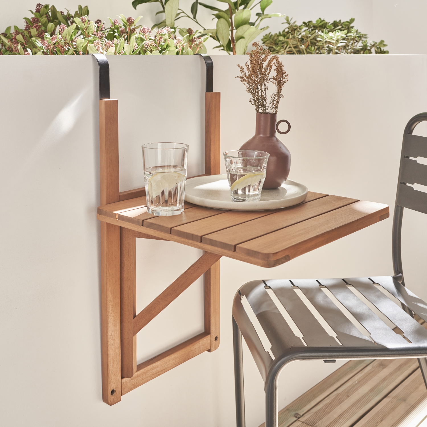 Table d'appoint en bois pour balcon. Carrée. Rabattable. Hauteur ajustable