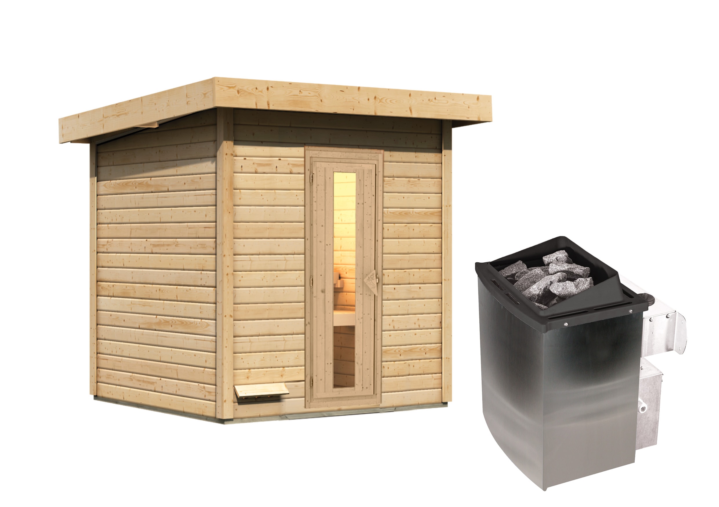 Karibu 38 mm Saunahaus Melo 2 naturbelassen mit Ofen 9 kW integrierte Strg
