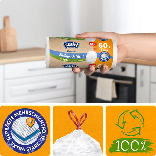 Swirl® 60 l Zugband- Müllbeutel Reißfest & Dicht