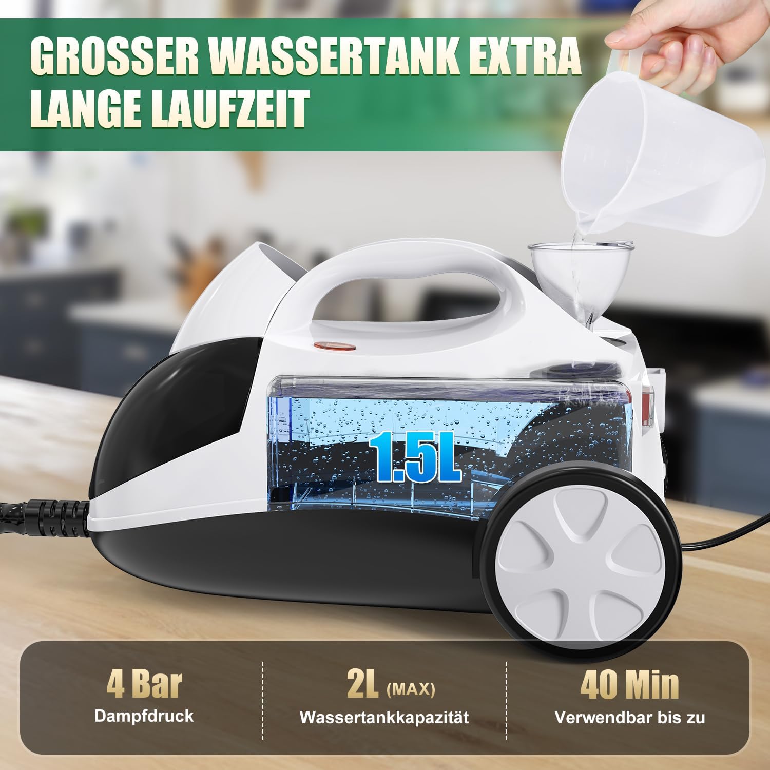 Dampfreiniger, Dampfdruck: 4 Bar, Leistung: 2000 W, Tank: Max 2 L, Nutzungsdauer: 40 Minuten, mit Bodenreinigungsset, Düsen und Rundbürste von Böden, Sofas, Polstermöbel und Autos