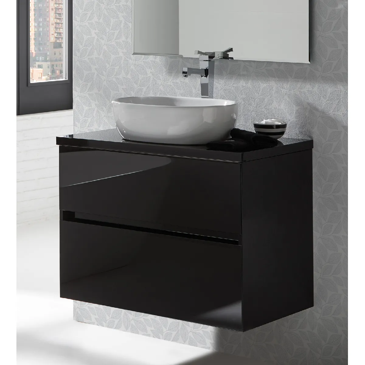 Ensemble salle de bain noir avec vasque et miroir pegane