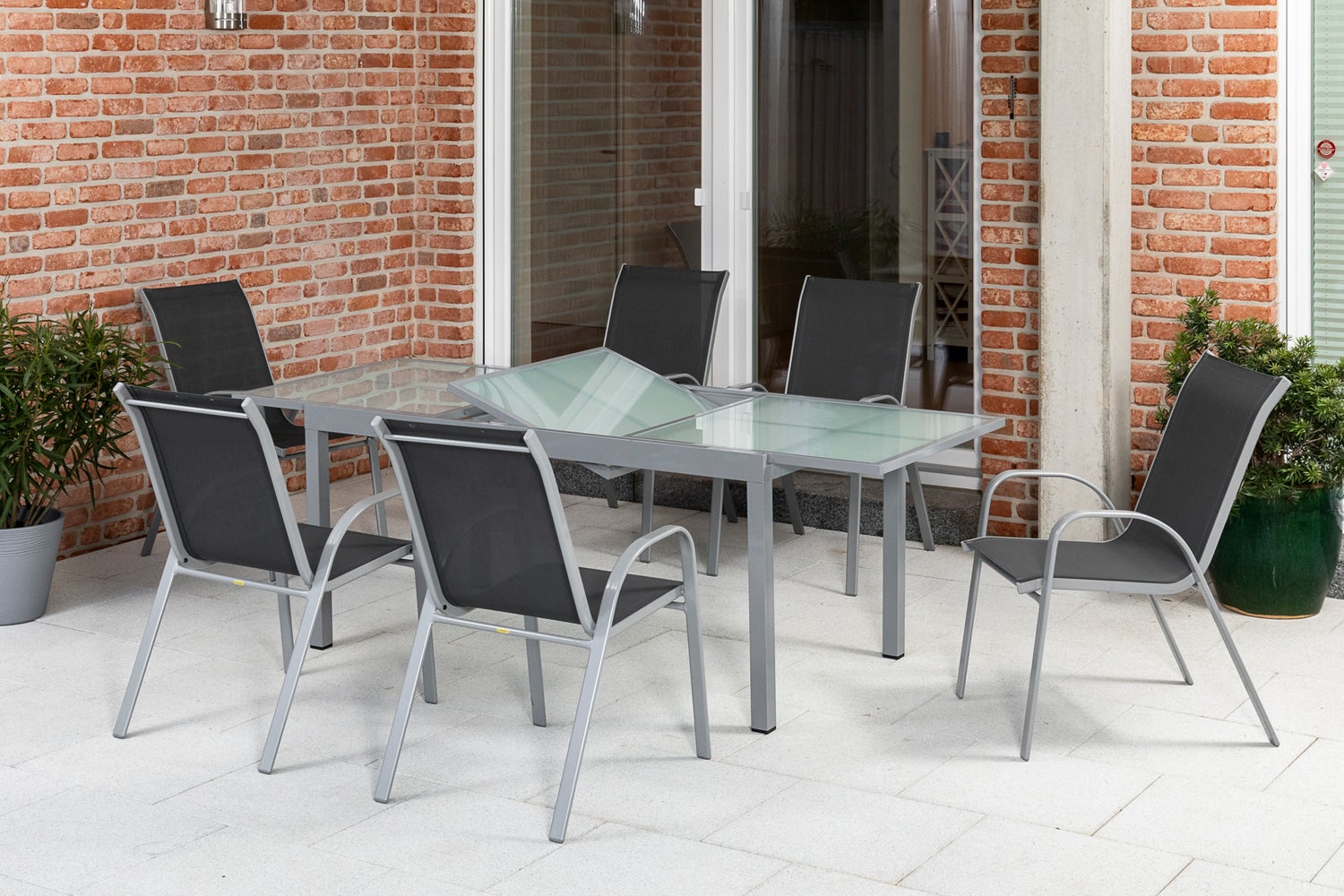 Sorrento 7-delige tuinmeubelset, stapelbare stoelen, uitschuifbare tafel 120 (180) x 90 cm, antraciet