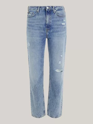 Calça jeans clássica de cintura alta, corte reto e modelagem desgastada até o tornozelo.