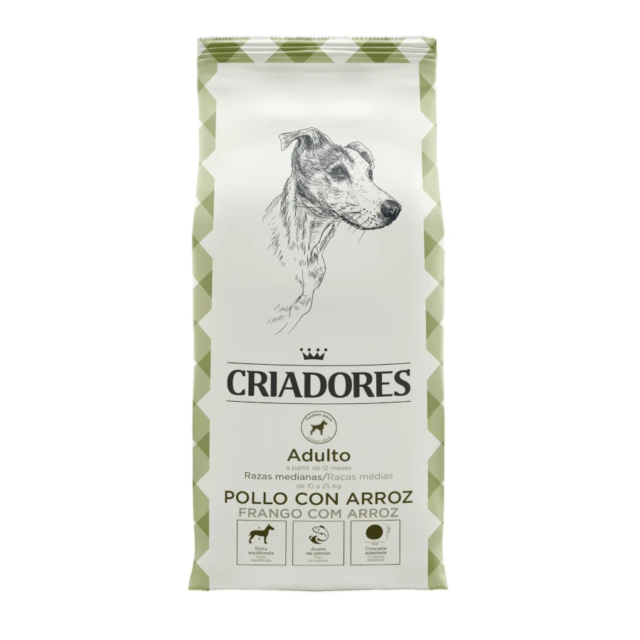 Ração para cães adultos de porte médio, sabor frango e arroz, da marca Breeders.