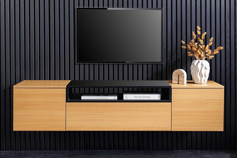 Hängendes TV-Board LOFT 160cm natur schwarz drei Fächer mit Schublade