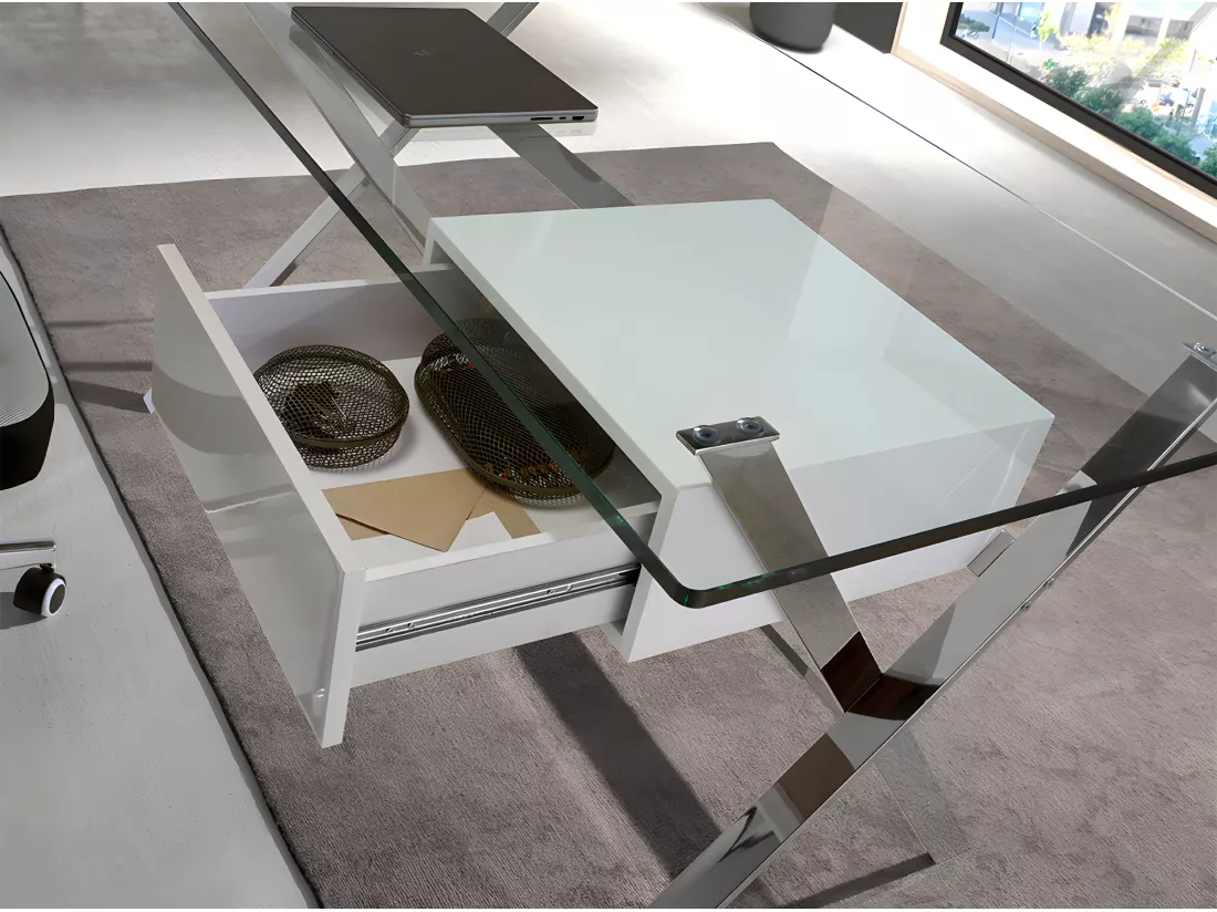 Bureau en bois blanc et acier chromé avec plateau en verre trempé 3255 ANGEL CERDA