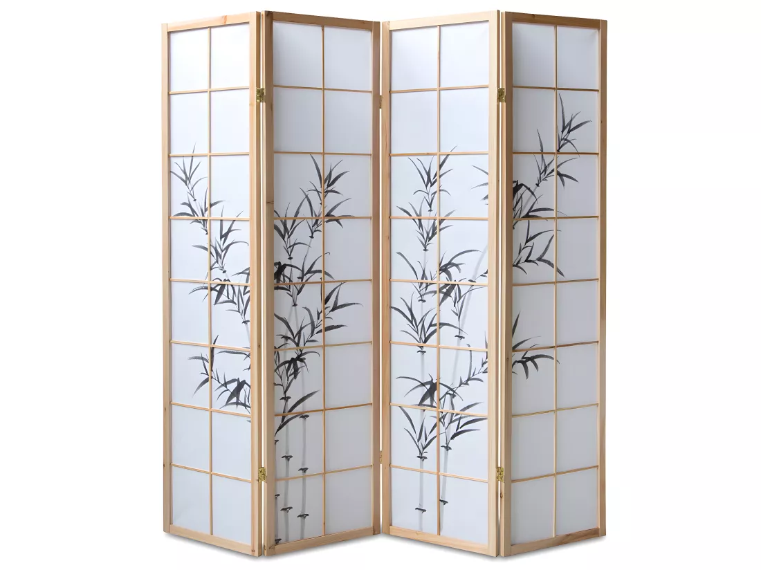 Paravent japonais en bois naturel avec dessin bambou 4 pans