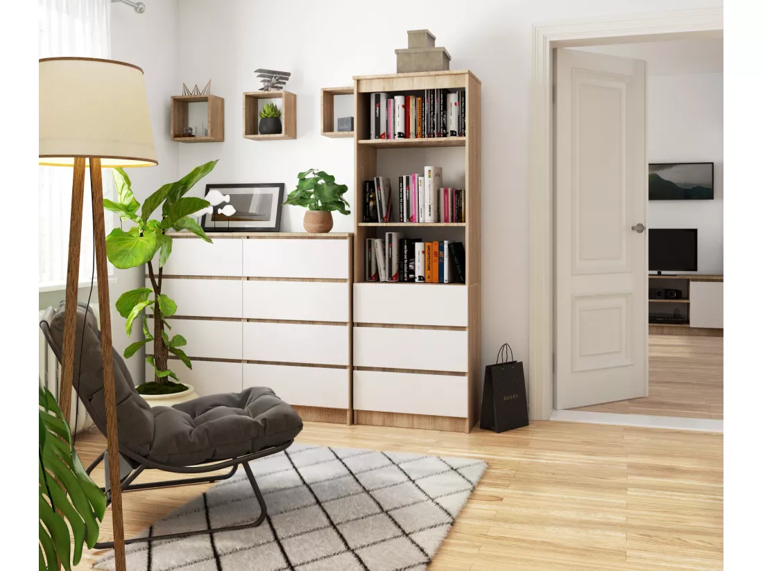 Bibliothèque de bureau AKORD R60 Chêne Sonoma 60 cm 3 tiroirs façade Blanche mat 3 étagères 60x35x180 cm