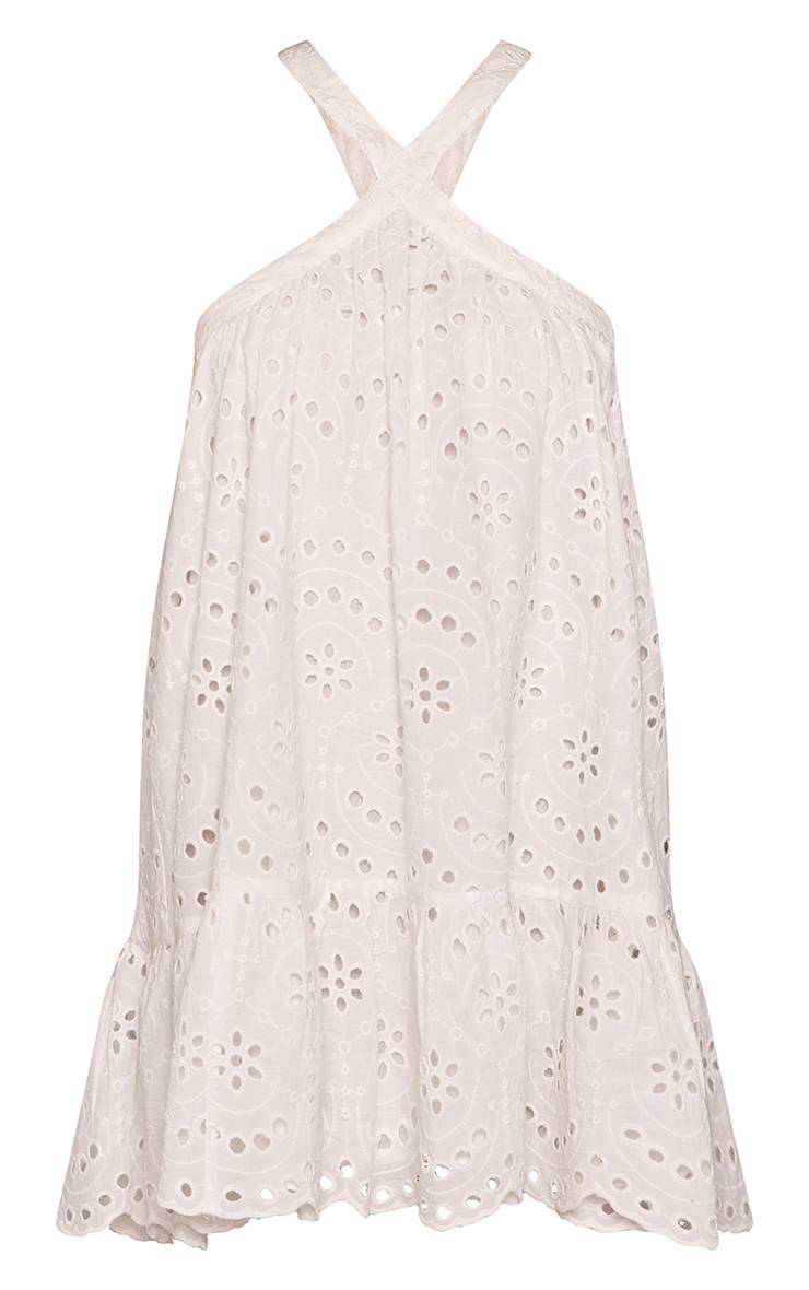 Blanc Robe Ballon À Col Licou En Broderie Anglaise