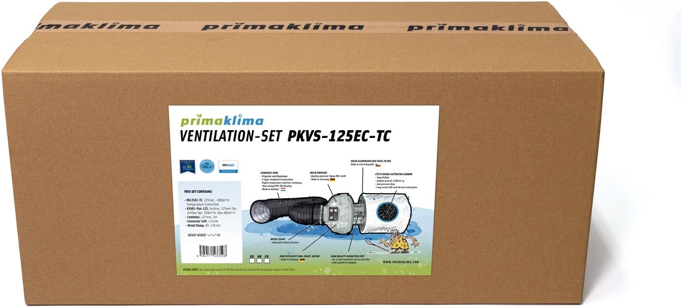 Prima Klima PKVS-125EC-TC Ventilation Set up to 680m³/h Complete Kit with EC and Temperature Control EC Technology Fan, Carbon Filter and Accessories.