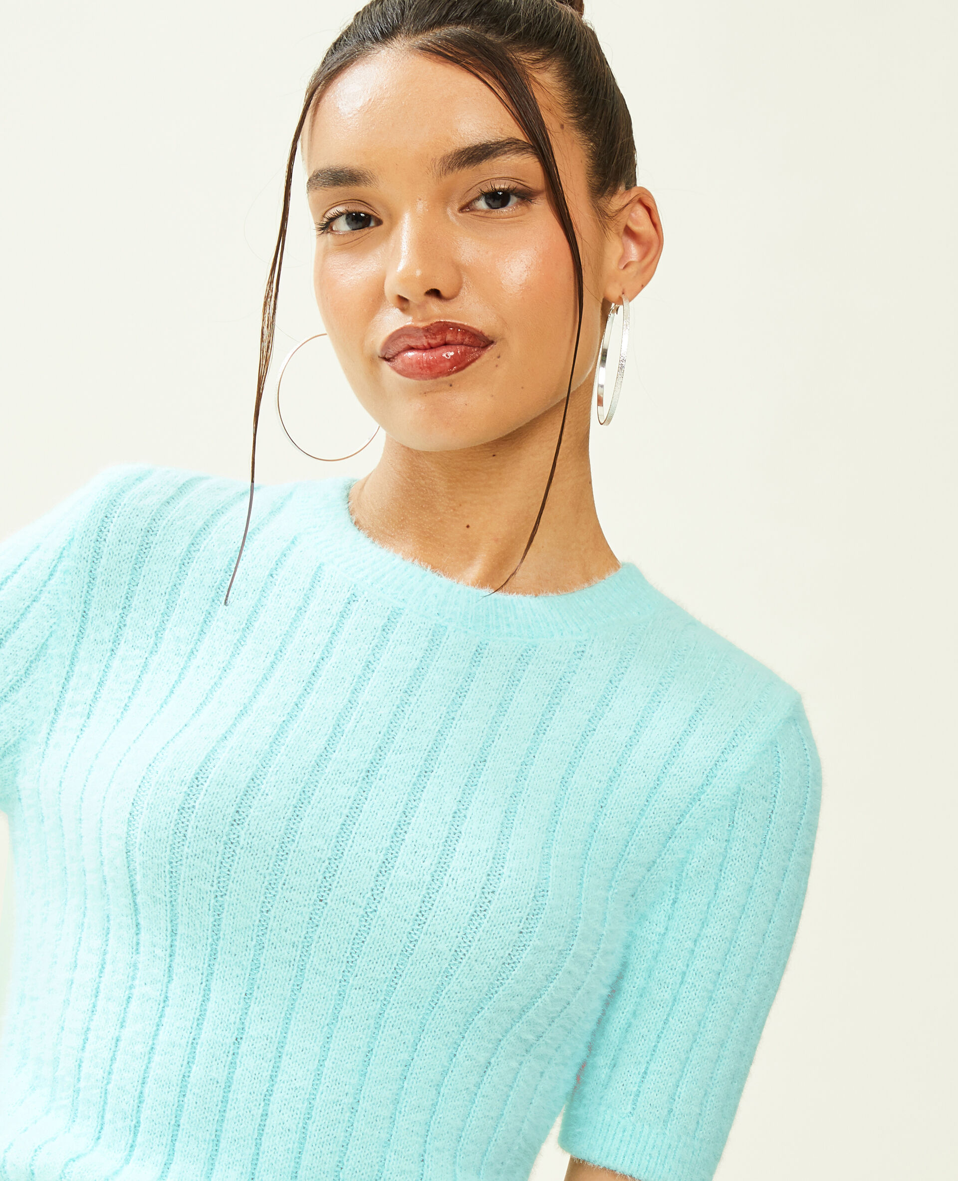 Pull duveteux à manches courtes - Bleu turquoise