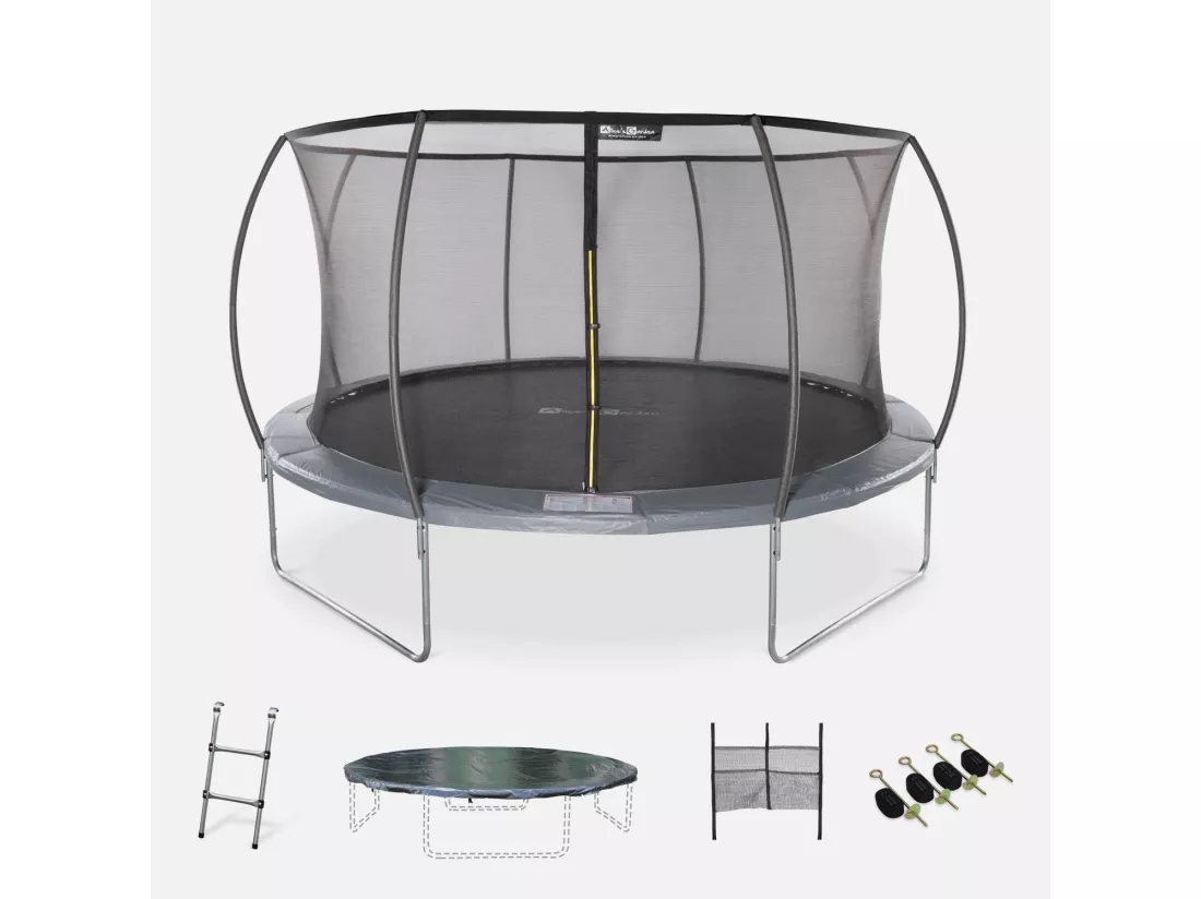 Trampoline rond Ø 430cm gris avec filet de protection intérieur - Venus Inner XXL – échelle. bâche. filet pour chaussures et kit d'ancrage 4.30m 430 cm