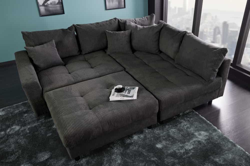 Modernes Ecksofa KENT 220cm dunkelgrau Cord inklusive Hocker Federkern Wohnlandschaft