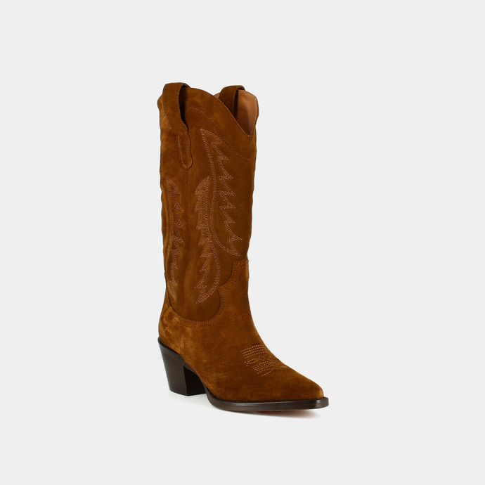 Bottes à talons et bouts pointus  en croute cognac