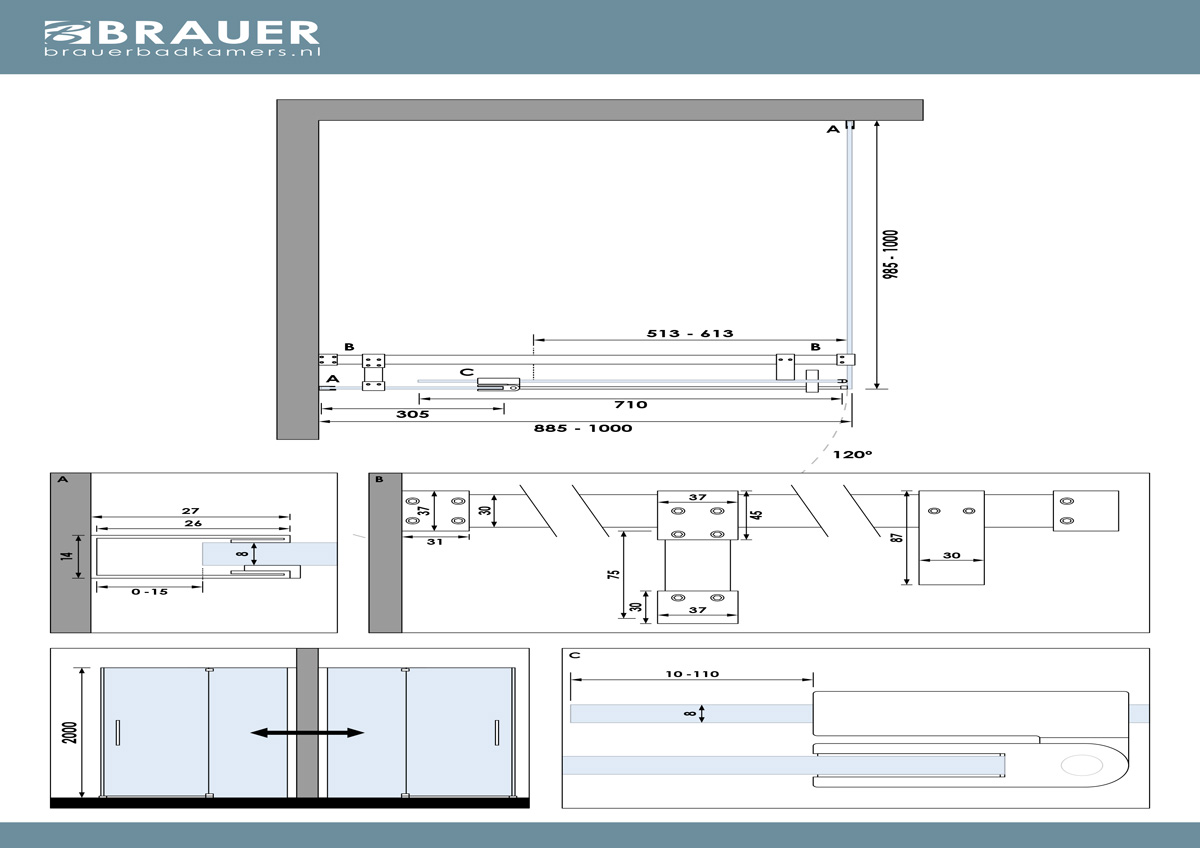 Brauer Stellar douchecabine met draaideur 100x100cm RVS geborsteld PVD