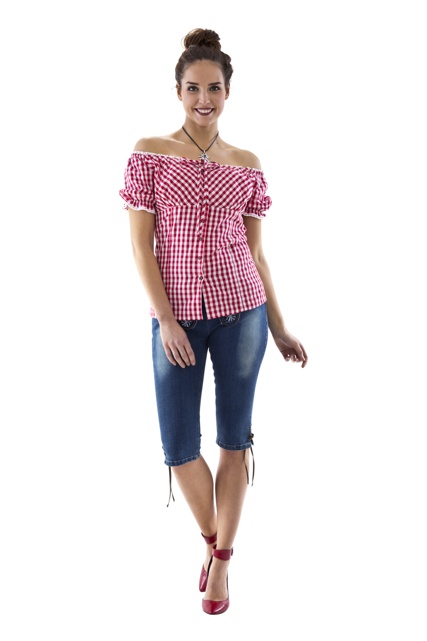 Carmenblouse rood-wit ruit, striklint