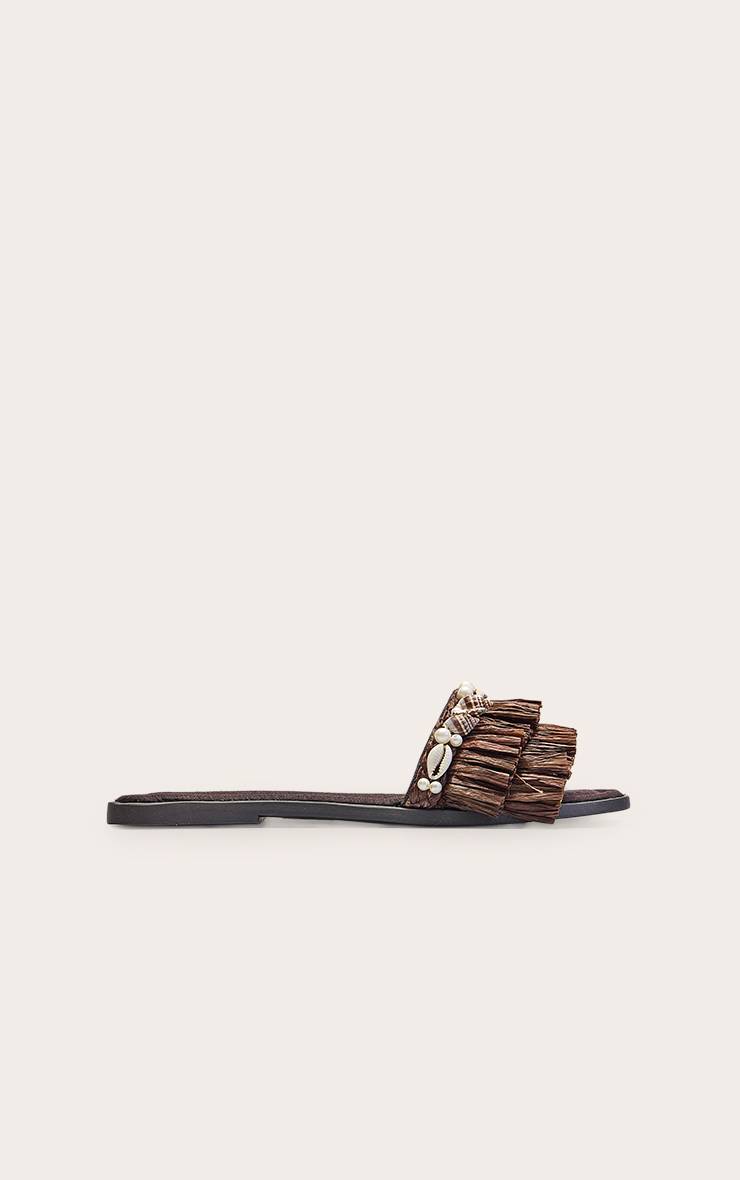Chocolat Sandales Plates Mules En Raphia Ornées De Coquillages