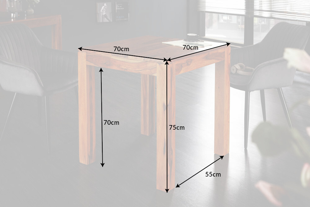 Massivholz Esstisch PURE 70cm braun Sheesham stone finish Bistrotisch quadratisch