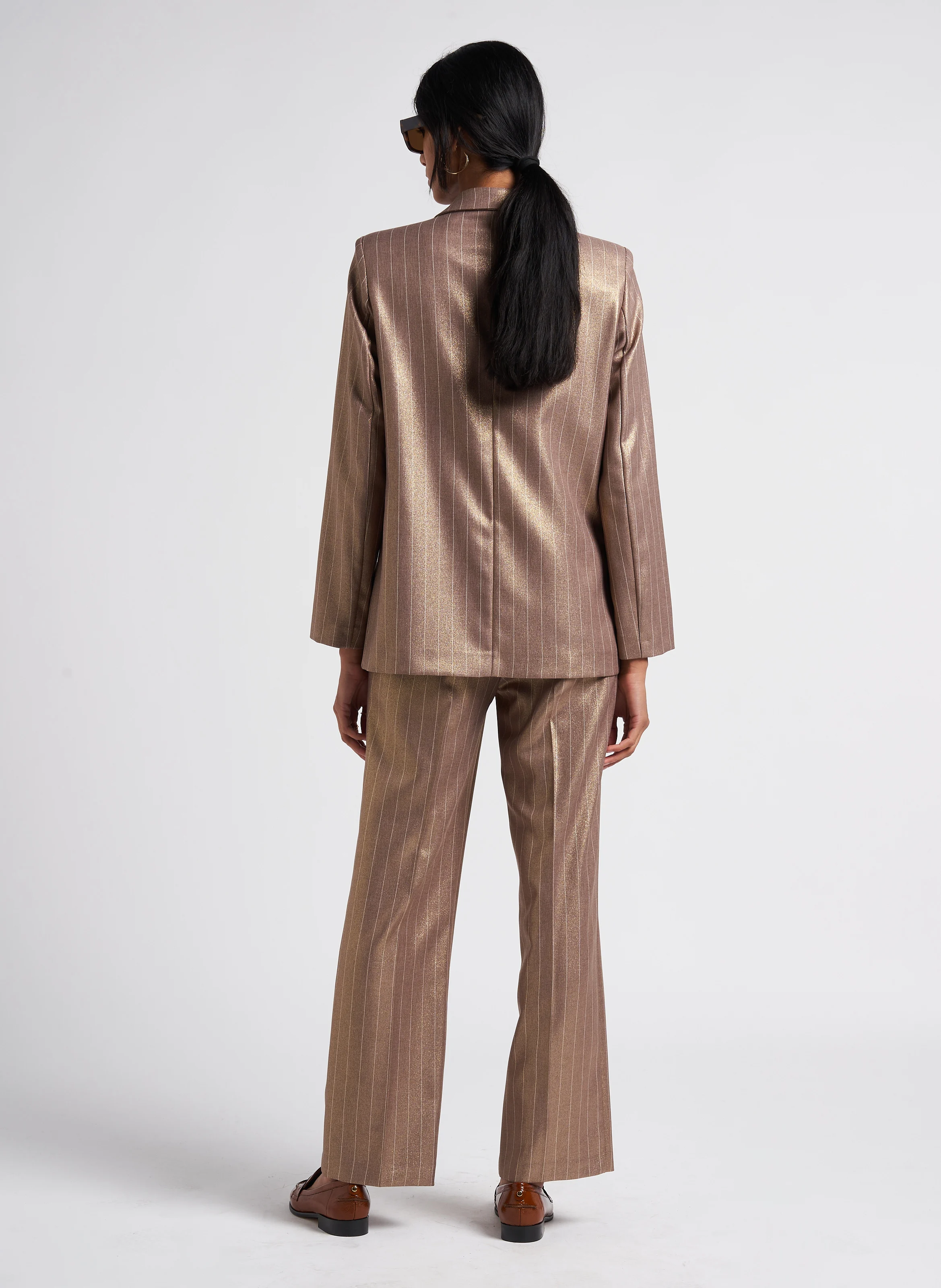 Pantalon taille haute droit à rayures | Doré