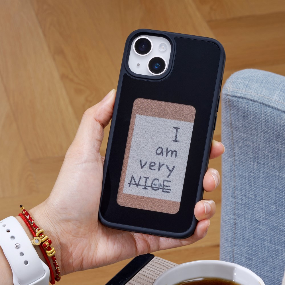 iPhone 15 Hybrid Hülle TPU Bumper mit Acryl Rückseite   DIY E-Ink Display mit NFC Technologie - Schwarz