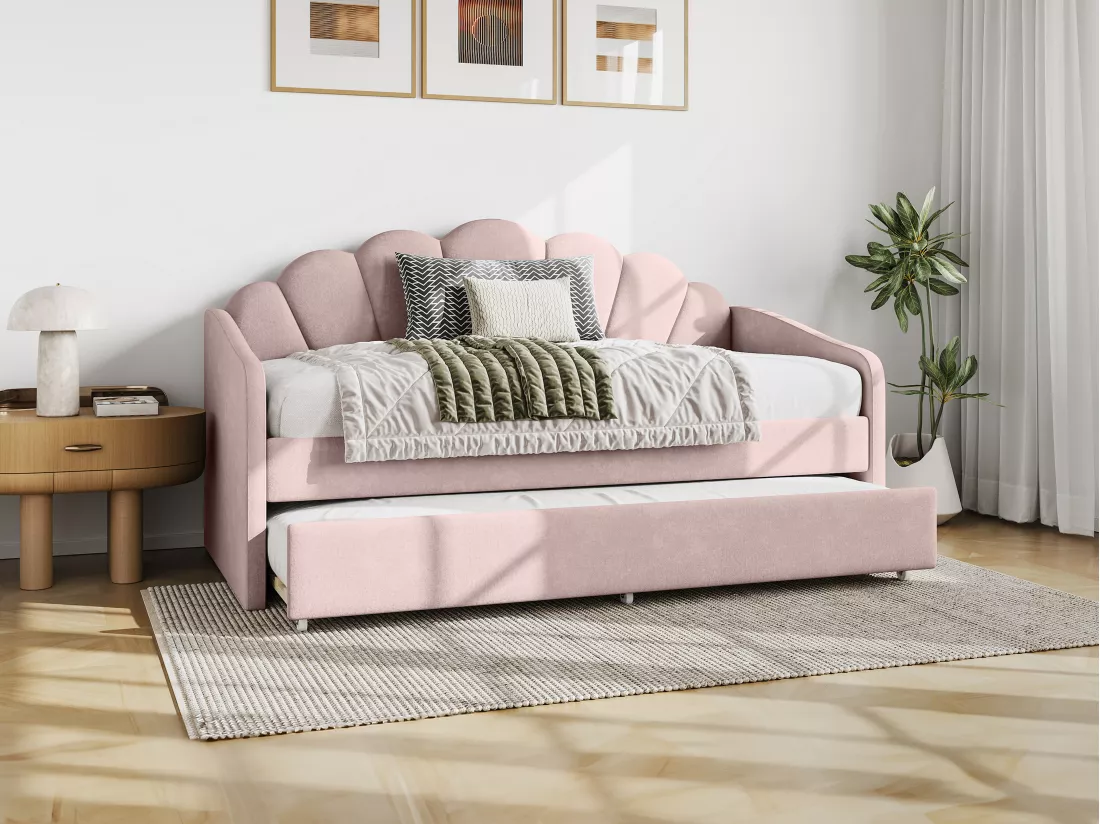 Lit gigogne coquillage 2 x 90 x 190 cm - Velours - Rose - ELUSIA