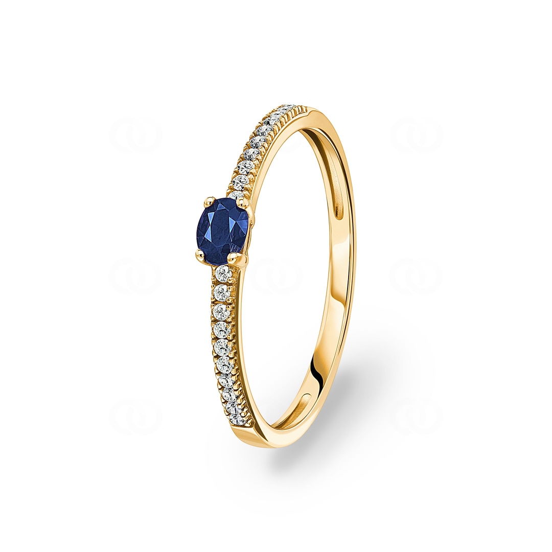 Damenring 750/18 K Gelbgold mit Saphir oval und Zirkonia