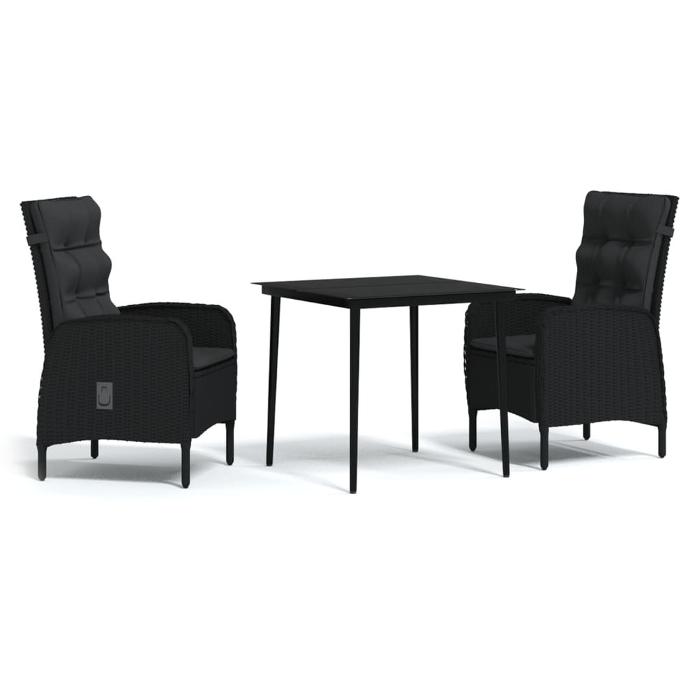 Mobilier de salle à manger de jardin avec coussins 3 pièces noir