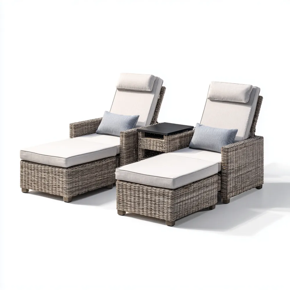 Verstellbares Polyrattan Gartenliege Set 195x65x45 cm mit Tisch - Beig