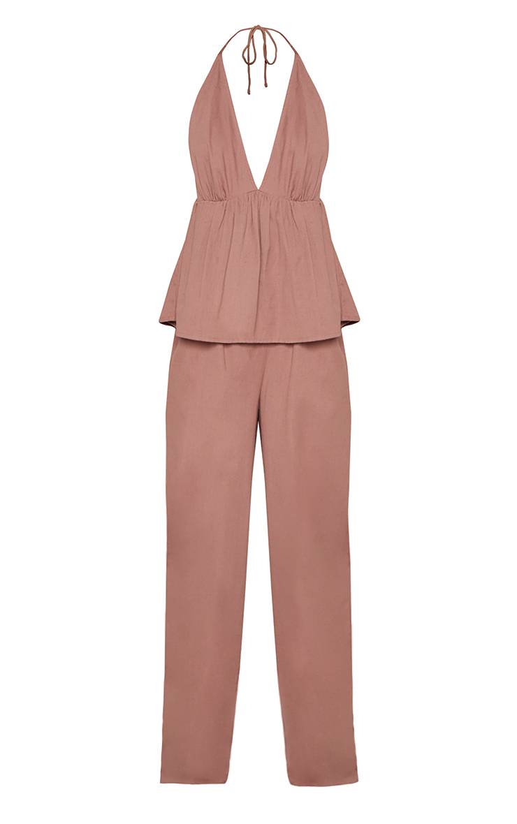 Taupe Combinaison À Col Licou Avec Basque Aspect Lin