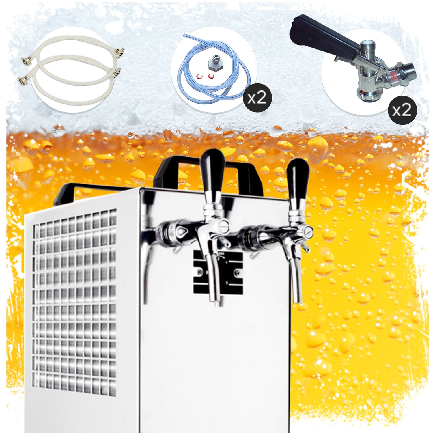Komplett Set Zapfanlage Kontakt 40/K Bierzapfanlage 2-leitig Trockenkühlgerät aus Edelstahl, 50 Liter/h, mit Membranpumpe, Green Line, Zapfkopf:Kombi,Zapfkopf 2:Kombi