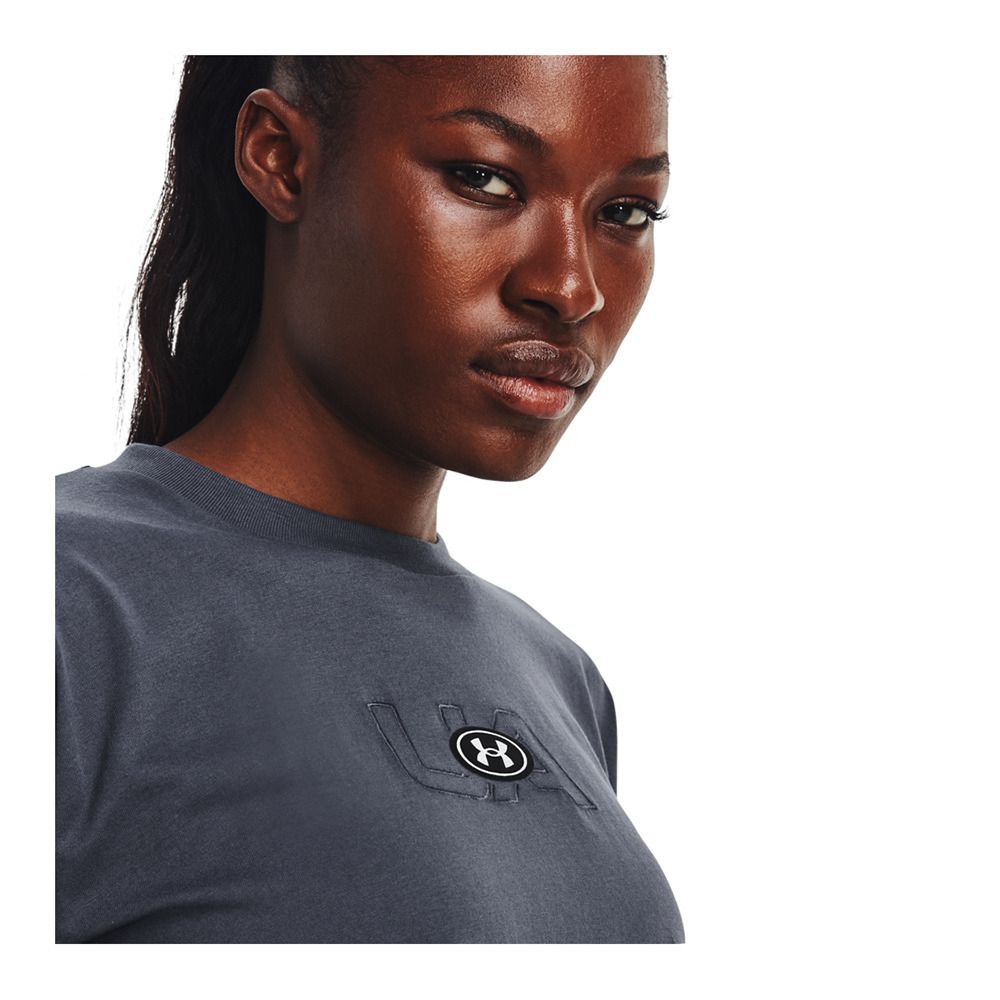 Under Armour UA BRANDED LOGO CROP - Crop top Femme downpour gray/white