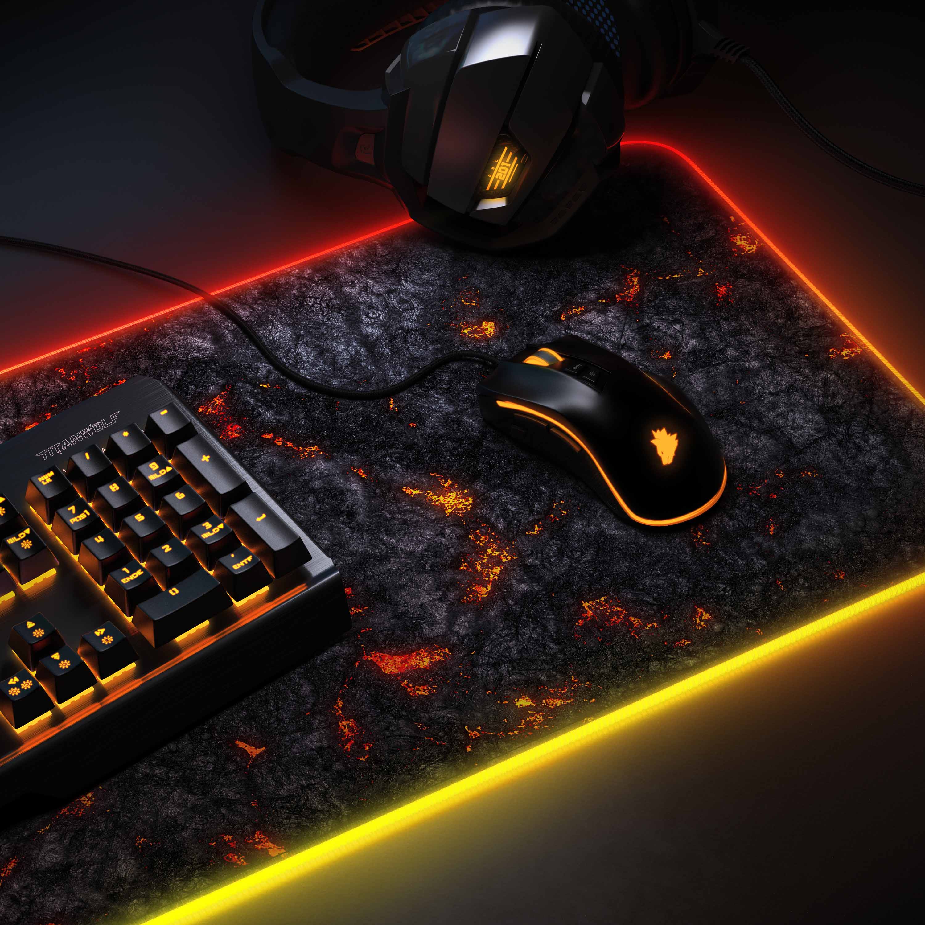 Titanwolf RGB Gaming Mauspad, Mousepad XL 800 x 300mm verbessert Präzision & Geschwindigkeit, Lavamotiv