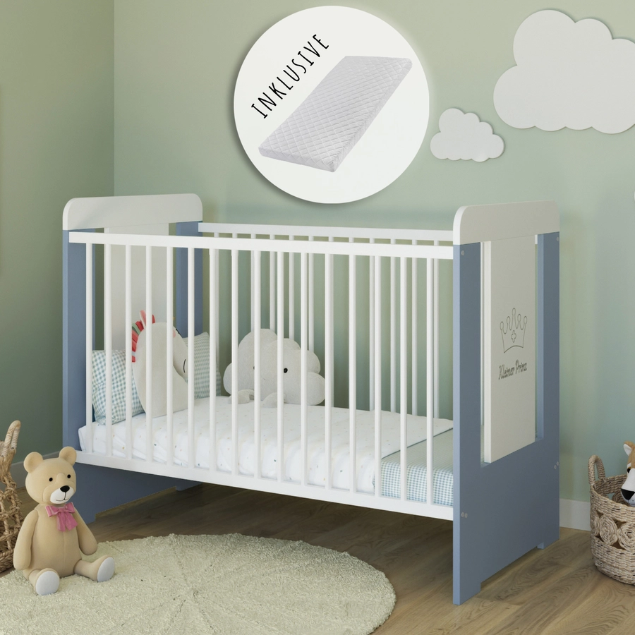 Kids Collective Babybett Gitterbett 60x120 höhenverstellbar|herausnehmbare Sprossen weißblau mit Matratze