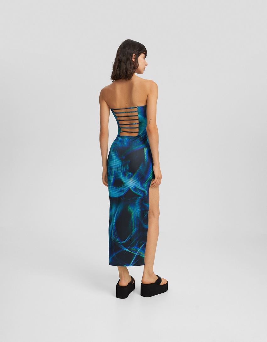 Vestido midi ombro a ombro com estampa