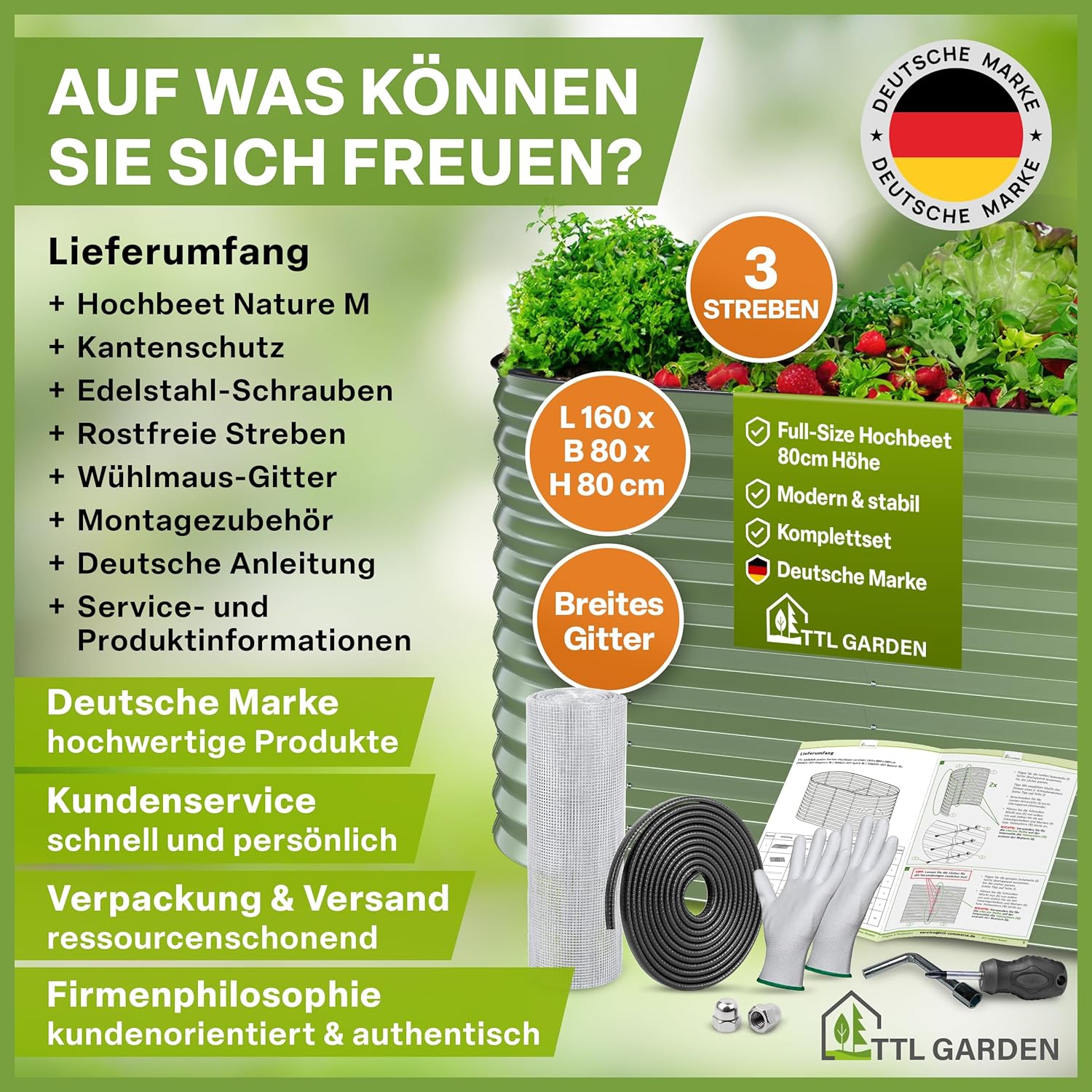 TTL GARDEN 160x80x80cm Nature M Metall Hochbeet Salbei-Grün - Stahl rostfrei verzinkt & lackiert Wellblech oval 80cm hoch sehr stabil Garten Beet für Gemüse Kräuter Blumen Gartenbeet Gemüsebeet