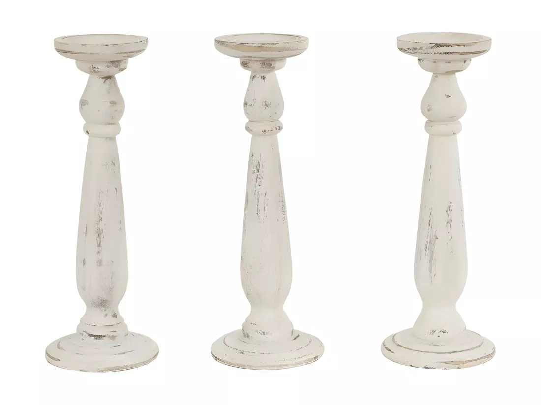 Set de 3 bougeoirs bois blanche 12 x 12 x 35 cm DEC04053
