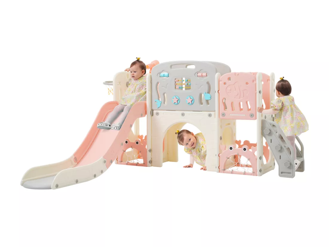 Balançoire Tout-petits enfants 11 en 1 - 193 x 167 x 97cm - en matériel HDPE - avec toboggan et panier basket - Rose
