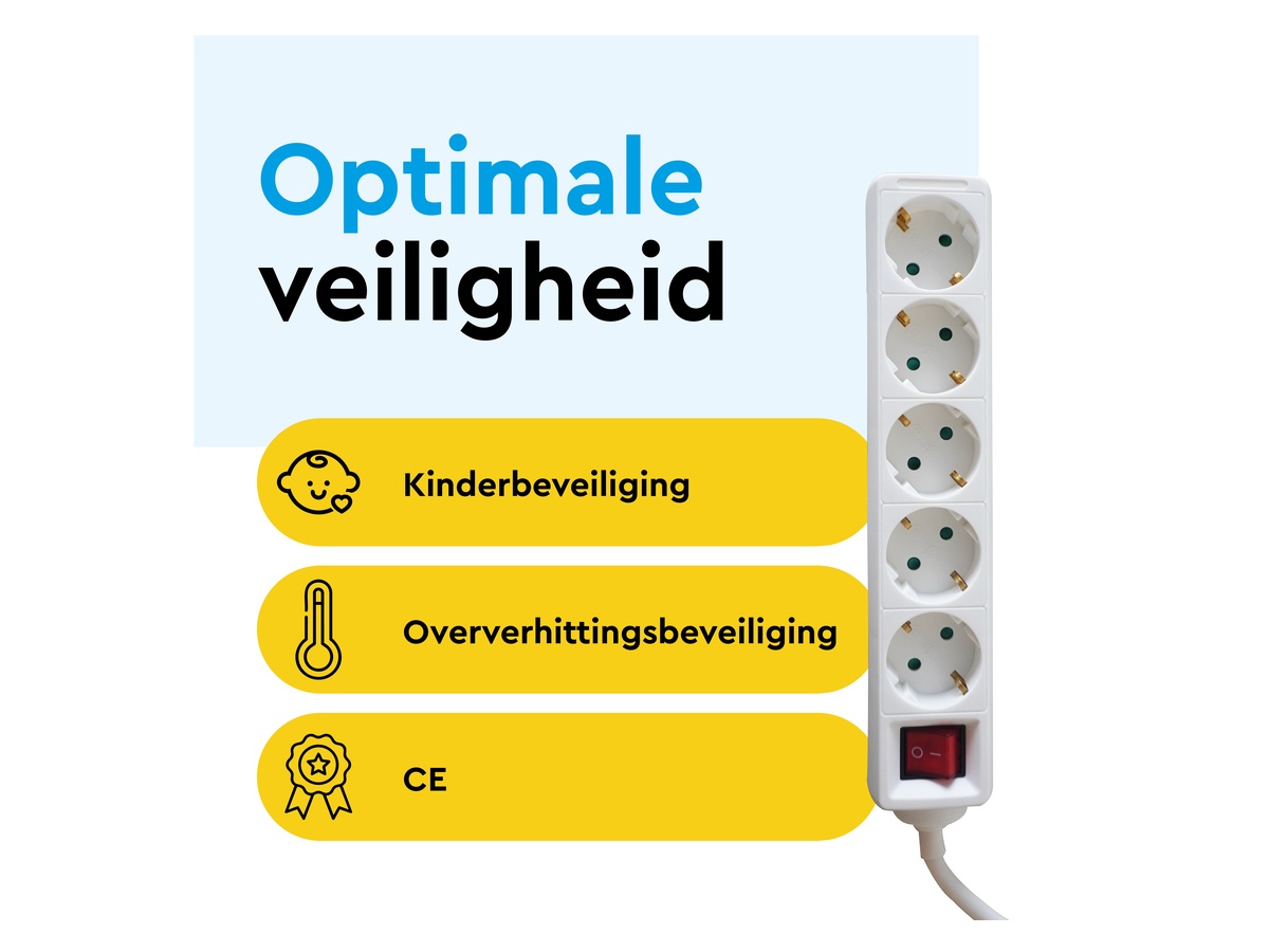 BRASQ 3 meter 5-voudige stekkerdoos met schakelaar - White