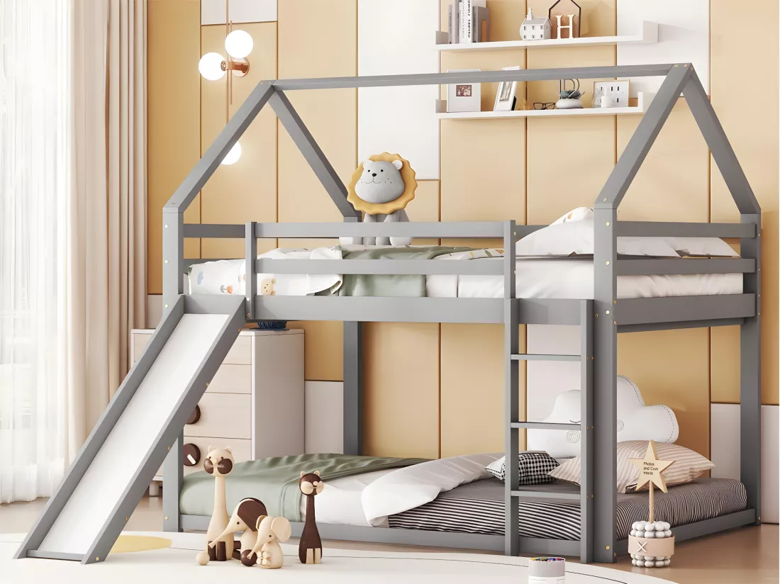 Lit superposé cabane avec toboggan et échelle - 140x200cm - cadre en pin massif - Gris