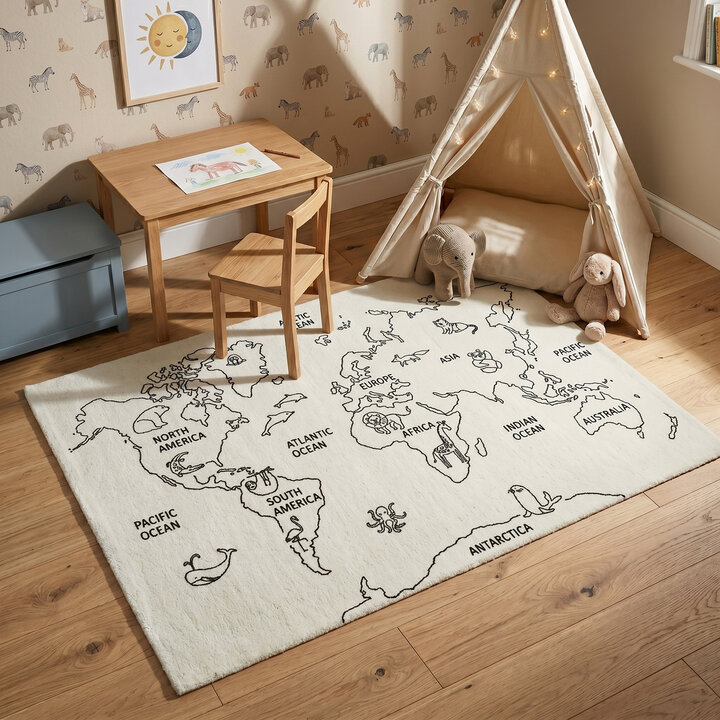 Kindervloerkleed - Globe Crème | Werelds speelplezier!
