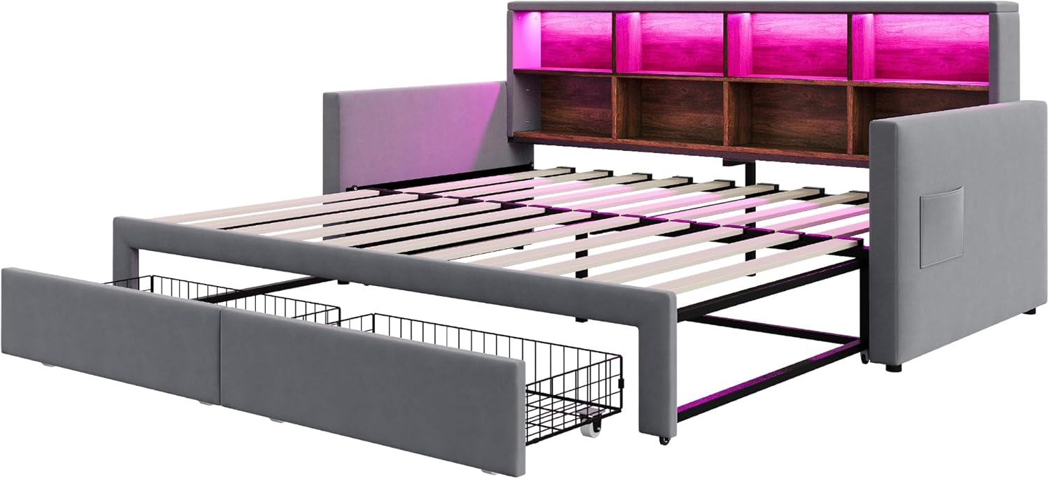 Ausziehbares Polsterbett Schlafsofa 90/180 x190cm, Kopfteil mit integrierten Staufächern, LED-Lichtleiste und Ladesteckdosen, Mit Zwei Schubladen und Lattenrost, Samtstoff Dunkelgrau