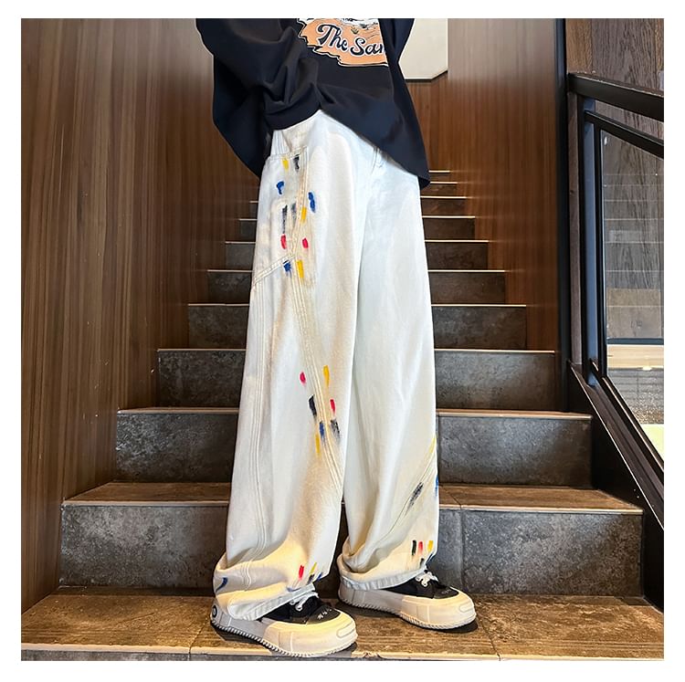 Priam - High Waist Paint Splatter Wide Leg Jeans / Set