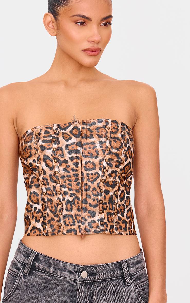 Marron Corset Court Clouté Imprimé Léopard En Synthétiquecuir