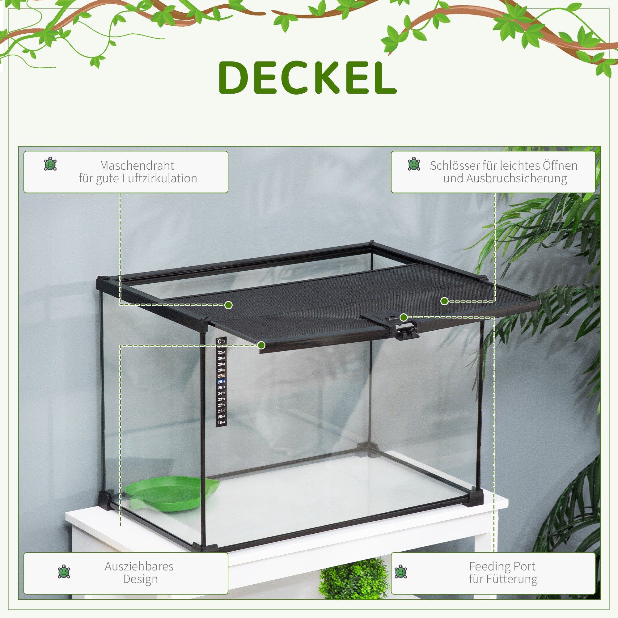 PawHut Terrarium mit Thermometer schwarz 50B x 30T x 35H cm
