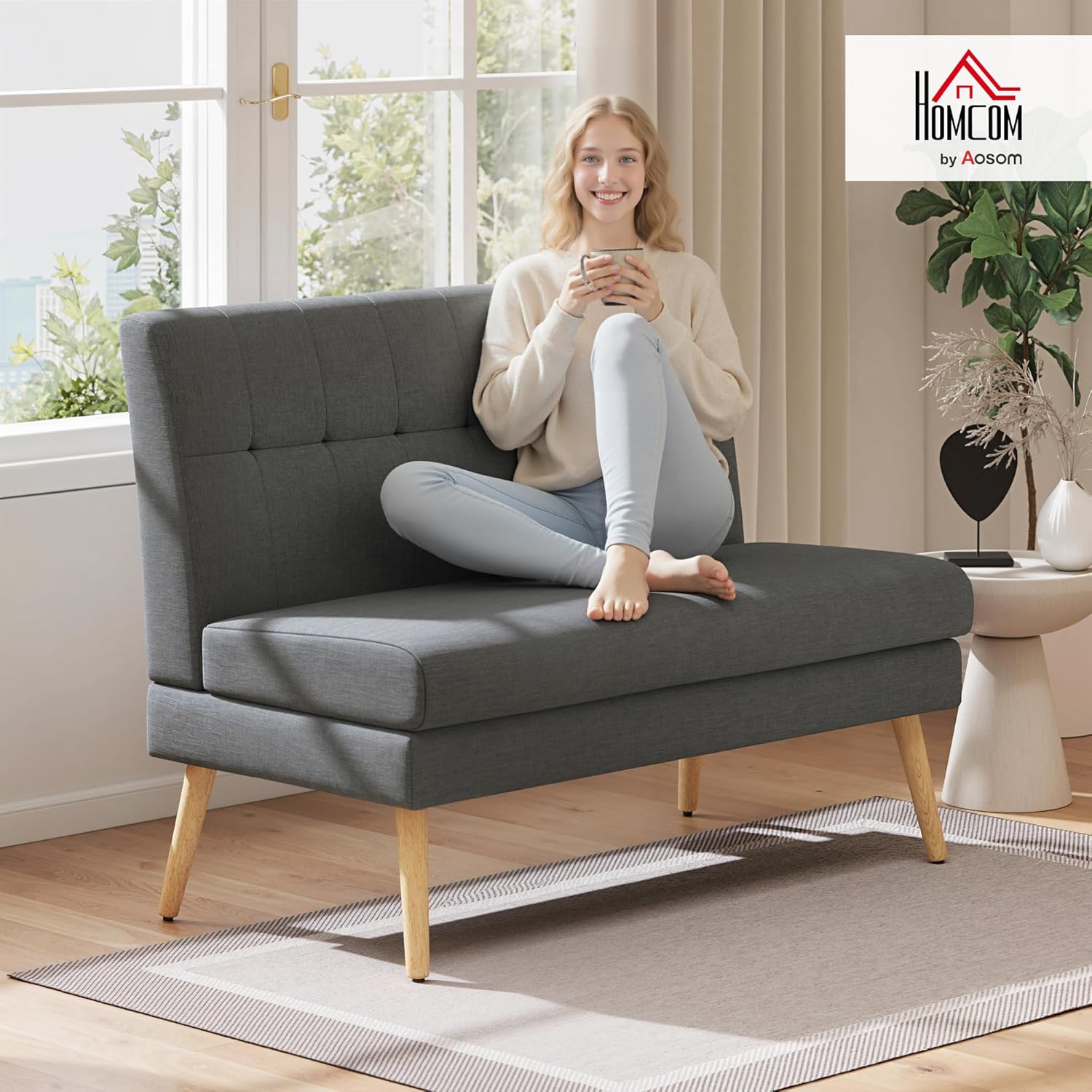 HOMCOM Sofa 2 Sitzer Couch mit Leinenoptik, Getuftete Rückenlehne Kleine Polstersofa Modern 118 cm Gepolstert Doppelsofa mit Holzbeine für Wohnzimmer, Kleine Räume, Dunkelgrau
