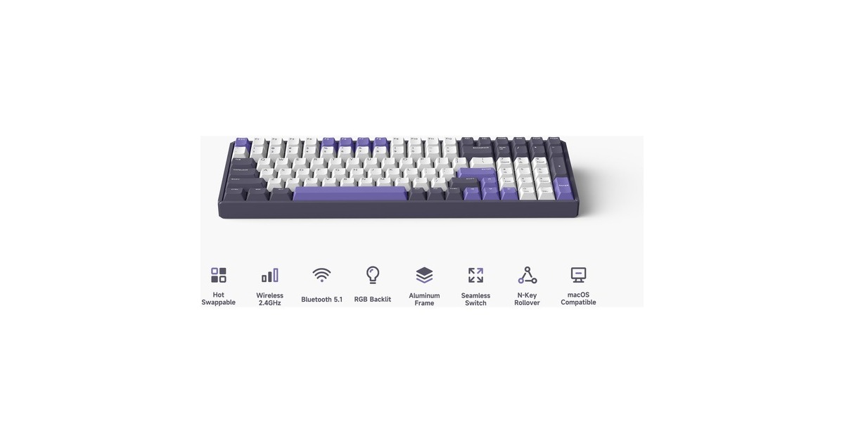 IqunixF97 Lavandin Wireless Mechanical Keyboard, gaming toetsenbord  (Lavendel, US lay-out, Cherry MX Brown, RGB leds, 96%, Hot-swappable, PBT, 2.4GHz | Bluetooth 5.1 | USB-C)