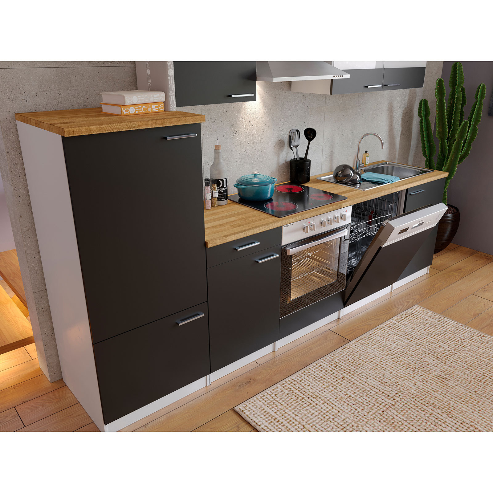 RESPEKTA Küchenblock - schwarz - mit E-Geräten - 280 cm