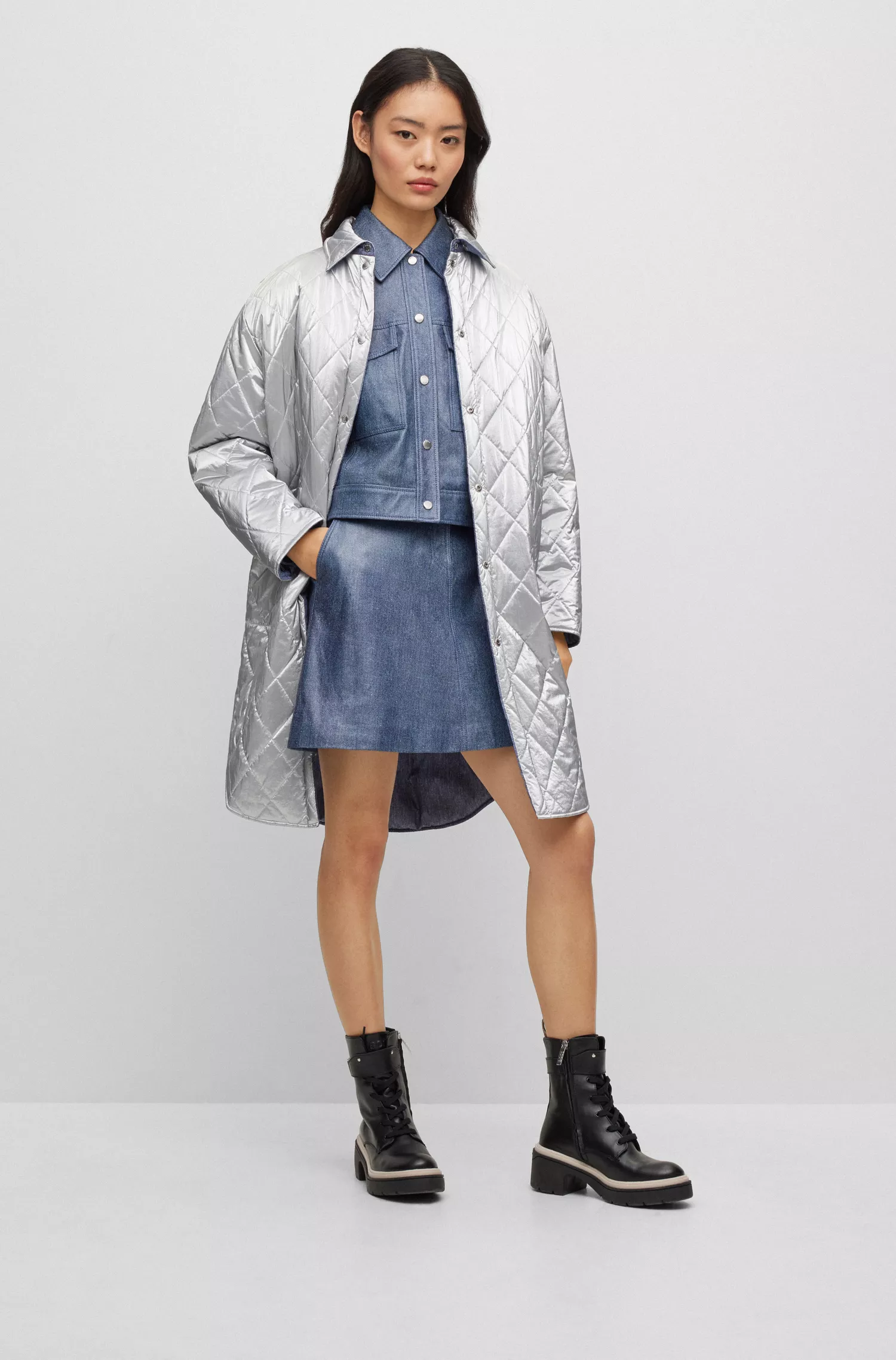 Jaqueta BOSS de couro preto com estampa jeans