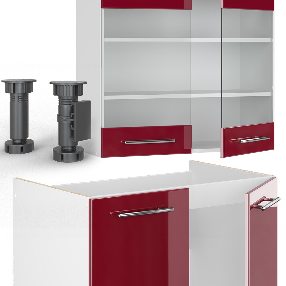Vicco Küchenzeile Küchenblock Einbauküche Fame-Line Weiß Bordeaux Rot 235 cm modern Hochglanz Küchen Schränke Hängeglasschrank Hängeschrank Schubladenunterschrank Spülenunterschrank Herdumbauschrank