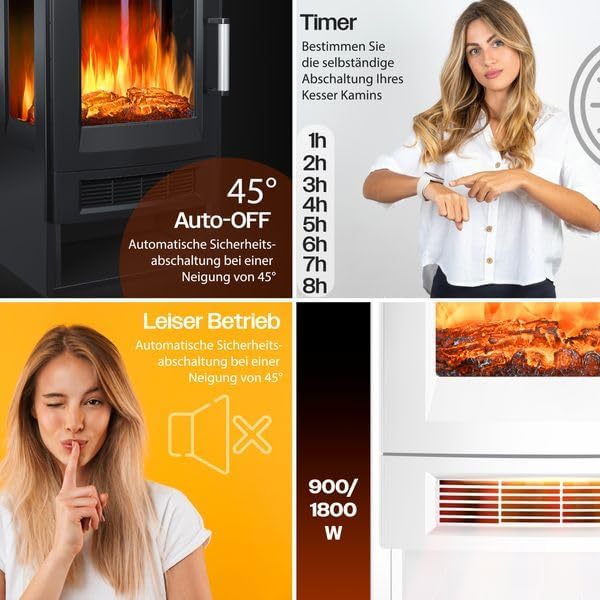 KESSER® Elektrokamin mit Heizung Panorama-Sichtfenster Heizlüfter 9 LED-Flammeneffekt Farbmodi Fernbedienung WiFi App 900/1800W Kaminfeuer elektrisch mit Thermostat Heizfunktion Timer